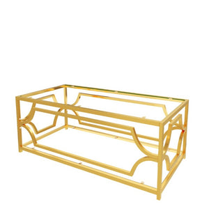 English Elm Modern Two Tier Tempered Glass Coffee Table with Gold Geometric Metal Frame for Living Room Transparent N735P502391K