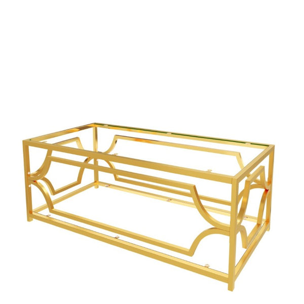 English Elm Modern Two Tier Tempered Glass Coffee Table with Gold Geometric Metal Frame for Living Room Transparent N735P502391K