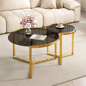 English Elm Gold Frame Nesting Coffee Tables Tempered Glass Round Tops Glam Living Room Set Black N735P502402B