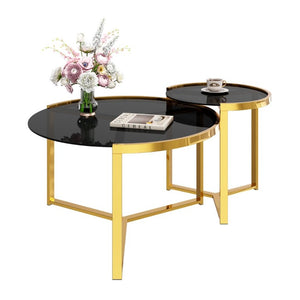 English Elm Gold Frame Nesting Coffee Tables Tempered Glass Round Tops Glam Living Room Set Black N735P502402B