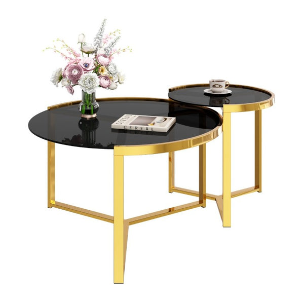 English Elm Gold Frame Nesting Coffee Tables Tempered Glass Round Tops Glam Living Room Set Black N735P502402B
