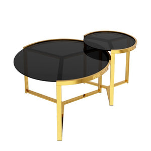 English Elm Gold Frame Nesting Coffee Tables Tempered Glass Round Tops Glam Living Room Set Black N735P502402B