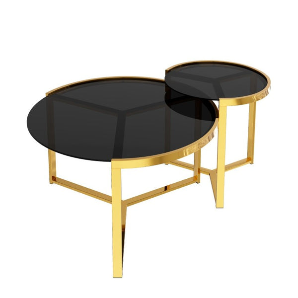 English Elm Gold Frame Nesting Coffee Tables Tempered Glass Round Tops Glam Living Room Set Black N735P502402B