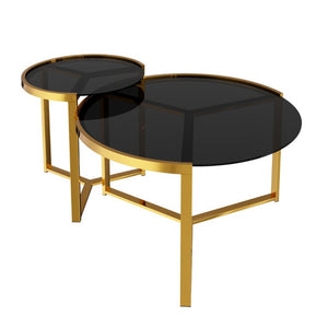 English Elm Gold Frame Nesting Coffee Tables Tempered Glass Round Tops Glam Living Room Set Black N735P502402B