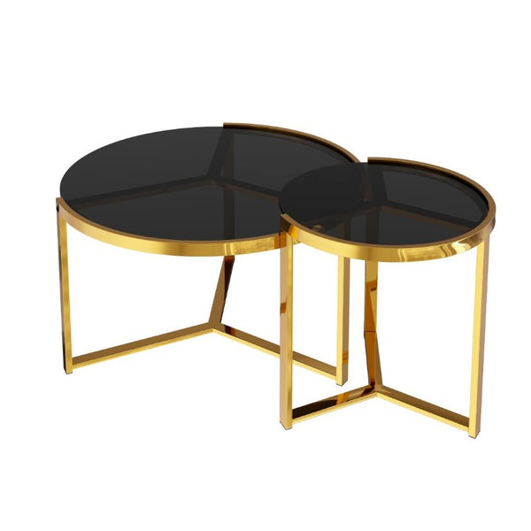 English Elm Gold Frame Nesting Coffee Tables Tempered Glass Round Tops Glam Living Room Set Black N735P502402B