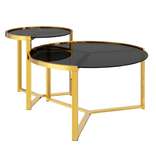 English Elm Gold Frame Nesting Coffee Tables Tempered Glass Round Tops Glam Living Room Set Black N735P502402B
