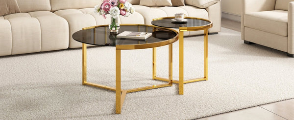 English Elm Gold Frame Nesting Coffee Tables Tempered Glass Round Tops Glam Living Room Set Black N735P502402B