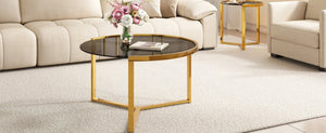 English Elm Gold Frame Nesting Coffee Tables Tempered Glass Round Tops Glam Living Room Set Black N735P502402B