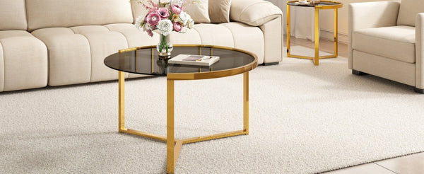 English Elm Gold Frame Nesting Coffee Tables Tempered Glass Round Tops Glam Living Room Set Black N735P502402B