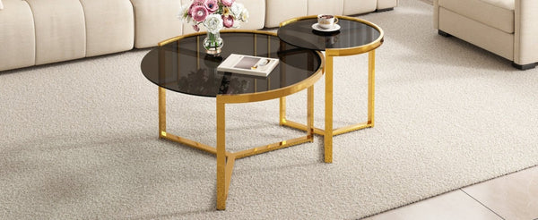 English Elm Gold Frame Nesting Coffee Tables Tempered Glass Round Tops Glam Living Room Set Black N735P502402B