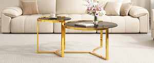 English Elm Gold Frame Nesting Coffee Tables Tempered Glass Round Tops Glam Living Room Set Black N735P502402B