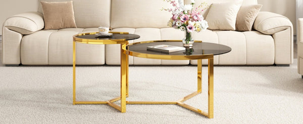 English Elm Gold Frame Nesting Coffee Tables Tempered Glass Round Tops Glam Living Room Set Black N735P502402B