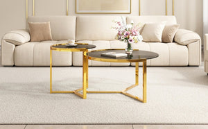 English Elm Gold Frame Nesting Coffee Tables Tempered Glass Round Tops Glam Living Room Set Black N735P502402B