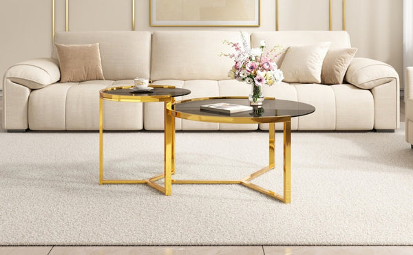 English Elm Gold Frame Nesting Coffee Tables Tempered Glass Round Tops Glam Living Room Set Black N735P502402B