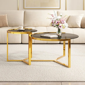 English Elm Gold Frame Nesting Coffee Tables Tempered Glass Round Tops Glam Living Room Set Black N735P502402B