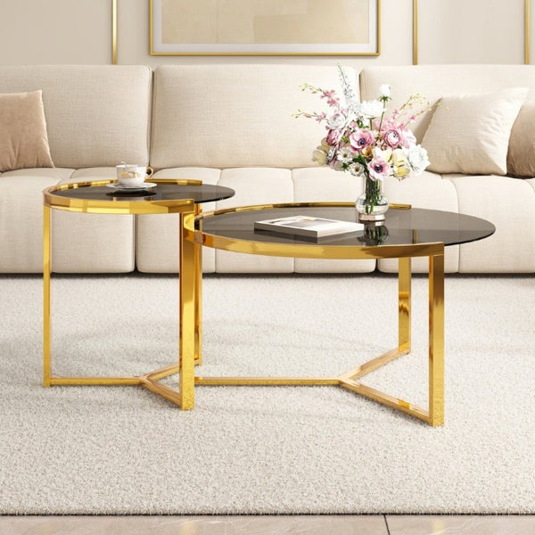 English Elm Gold Frame Nesting Coffee Tables Tempered Glass Round Tops Glam Living Room Set Black N735P502402B