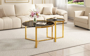 English Elm Gold Frame Nesting Coffee Tables Tempered Glass Round Tops Glam Living Room Set Black N735P502402B