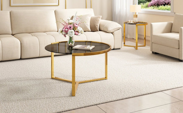 English Elm Gold Frame Nesting Coffee Tables Tempered Glass Round Tops Glam Living Room Set Black N735P502402B