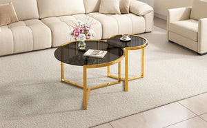 English Elm Gold Frame Nesting Coffee Tables Tempered Glass Round Tops Glam Living Room Set Black N735P502402B