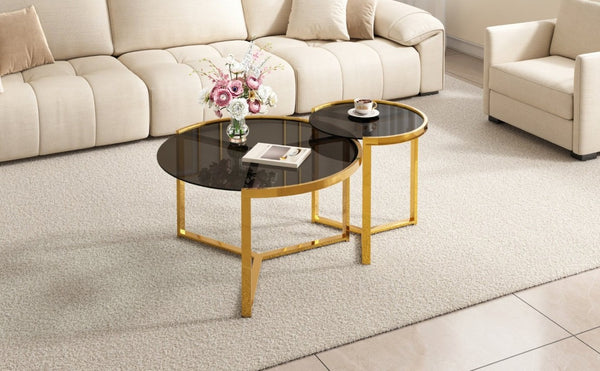 English Elm Gold Frame Nesting Coffee Tables Tempered Glass Round Tops Glam Living Room Set Black N735P502402B