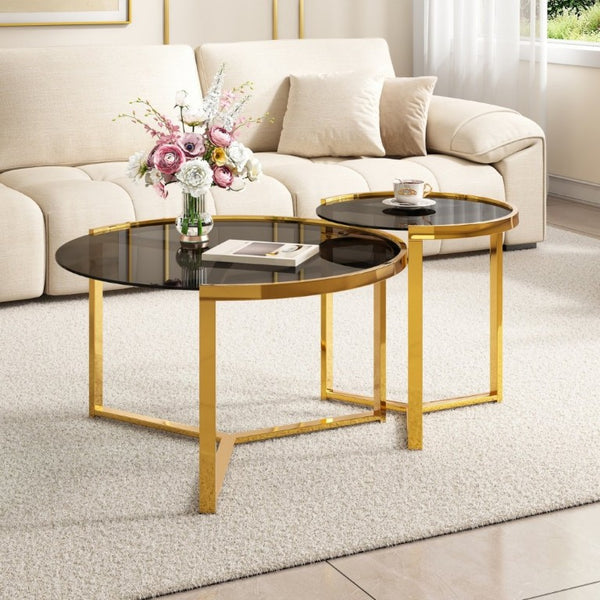 English Elm Gold Frame Nesting Coffee Tables Tempered Glass Round Tops Glam Living Room Set Black N735P502402B