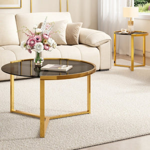 English Elm Gold Frame Nesting Coffee Tables Tempered Glass Round Tops Glam Living Room Set Black N735P502402B