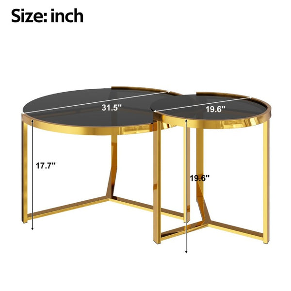 English Elm Gold Frame Nesting Coffee Tables Tempered Glass Round Tops Glam Living Room Set Black N735P502402B