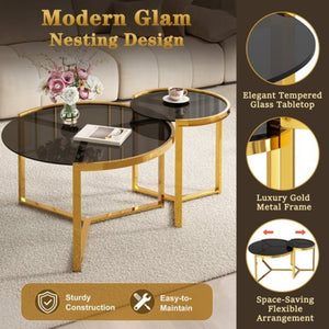 English Elm Gold Frame Nesting Coffee Tables Tempered Glass Round Tops Glam Living Room Set Black N735P502402B