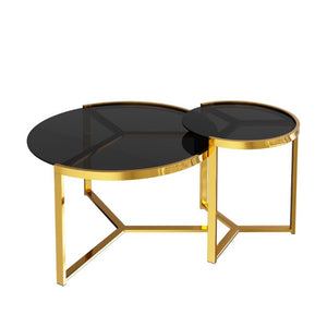 English Elm Gold Frame Nesting Coffee Tables Tempered Glass Round Tops Glam Living Room Set Black N735P502402B