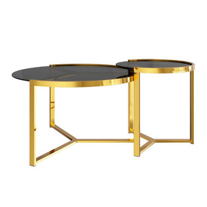 English Elm Gold Frame Nesting Coffee Tables Tempered Glass Round Tops Glam Living Room Set Black N735P502402B