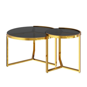 English Elm Gold Frame Nesting Coffee Tables Tempered Glass Round Tops Glam Living Room Set Black N735P502402B