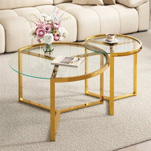 English Elm Gold Frame Nesting Coffee Tables Tempered Glass Round Tops Glam Living Room Set Transparent N735P502402K