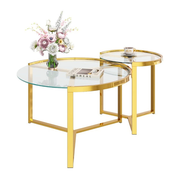 English Elm Gold Frame Nesting Coffee Tables Tempered Glass Round Tops Glam Living Room Set Transparent N735P502402K