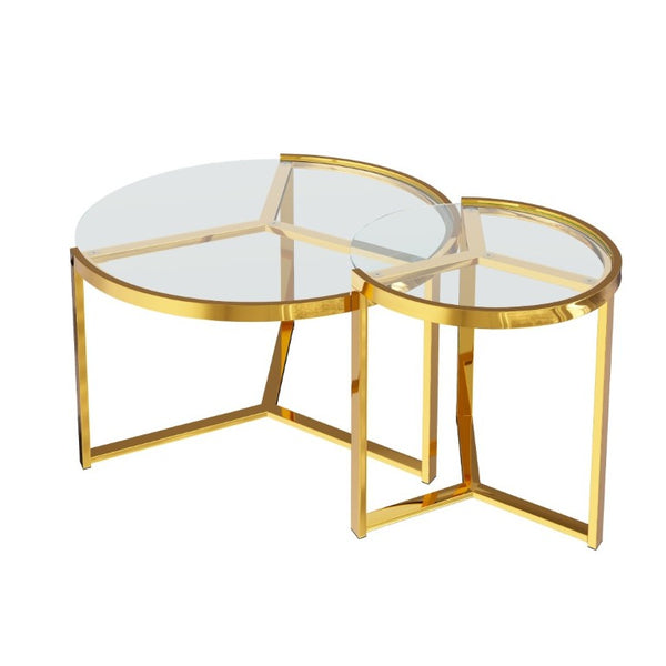 English Elm Gold Frame Nesting Coffee Tables Tempered Glass Round Tops Glam Living Room Set Transparent N735P502402K
