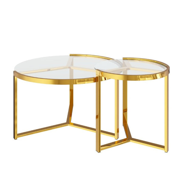 English Elm Gold Frame Nesting Coffee Tables Tempered Glass Round Tops Glam Living Room Set Transparent N735P502402K