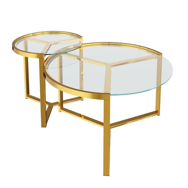 English Elm Gold Frame Nesting Coffee Tables Tempered Glass Round Tops Glam Living Room Set Transparent N735P502402K