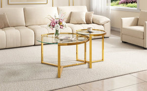 English Elm Gold Frame Nesting Coffee Tables Tempered Glass Round Tops Glam Living Room Set Transparent N735P502402K