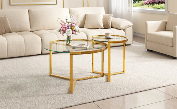 English Elm Gold Frame Nesting Coffee Tables Tempered Glass Round Tops Glam Living Room Set Transparent N735P502402K