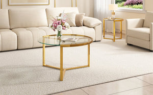 English Elm Gold Frame Nesting Coffee Tables Tempered Glass Round Tops Glam Living Room Set Transparent N735P502402K