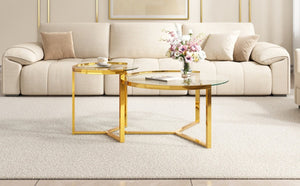 English Elm Gold Frame Nesting Coffee Tables Tempered Glass Round Tops Glam Living Room Set Transparent N735P502402K
