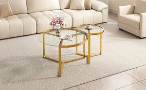 English Elm Gold Frame Nesting Coffee Tables Tempered Glass Round Tops Glam Living Room Set Transparent N735P502402K