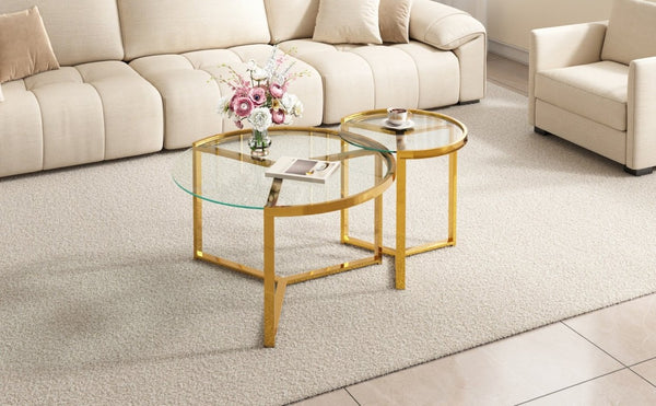 English Elm Gold Frame Nesting Coffee Tables Tempered Glass Round Tops Glam Living Room Set Transparent N735P502402K