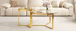 English Elm Gold Frame Nesting Coffee Tables Tempered Glass Round Tops Glam Living Room Set Transparent N735P502402K