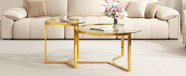 English Elm Gold Frame Nesting Coffee Tables Tempered Glass Round Tops Glam Living Room Set Transparent N735P502402K