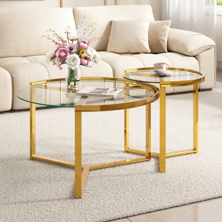 English Elm Gold Frame Nesting Coffee Tables Tempered Glass Round Tops Glam Living Room Set Transparent N735P502402K