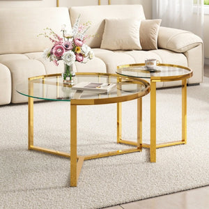 English Elm Gold Frame Nesting Coffee Tables Tempered Glass Round Tops Glam Living Room Set Transparent N735P502402K