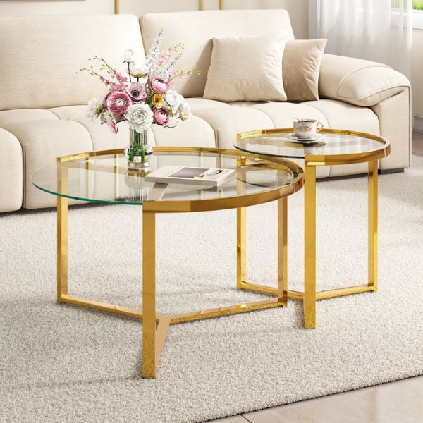 English Elm Gold Frame Nesting Coffee Tables Tempered Glass Round Tops Glam Living Room Set Transparent N735P502402K