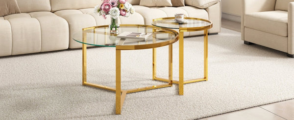 English Elm Gold Frame Nesting Coffee Tables Tempered Glass Round Tops Glam Living Room Set Transparent N735P502402K