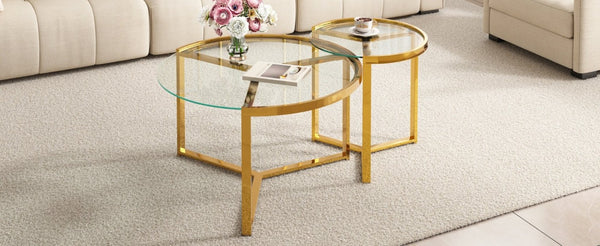 English Elm Gold Frame Nesting Coffee Tables Tempered Glass Round Tops Glam Living Room Set Transparent N735P502402K