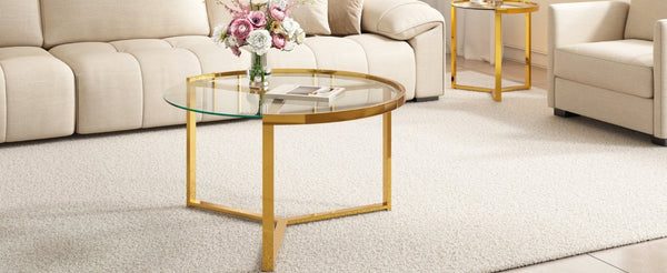English Elm Gold Frame Nesting Coffee Tables Tempered Glass Round Tops Glam Living Room Set Transparent N735P502402K